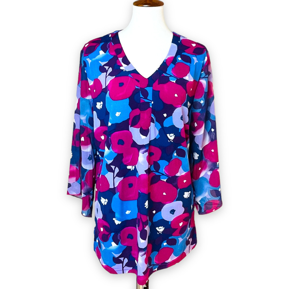 🍀KRISTINE Women's Purple Poppy Fields Floral 3/4 Sleeve V-Neck Tunic S/M